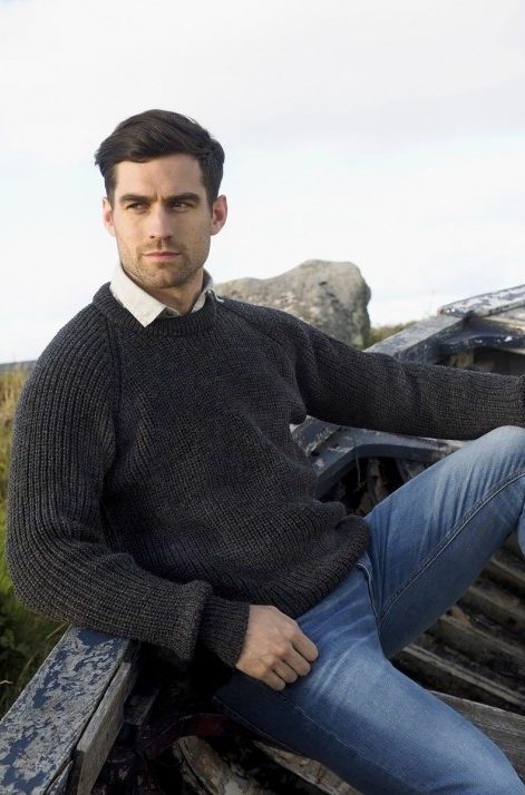 Made in Ireland by Aran Crafts Fishermans Crew Neck Wool Rib Aran Sweater c761