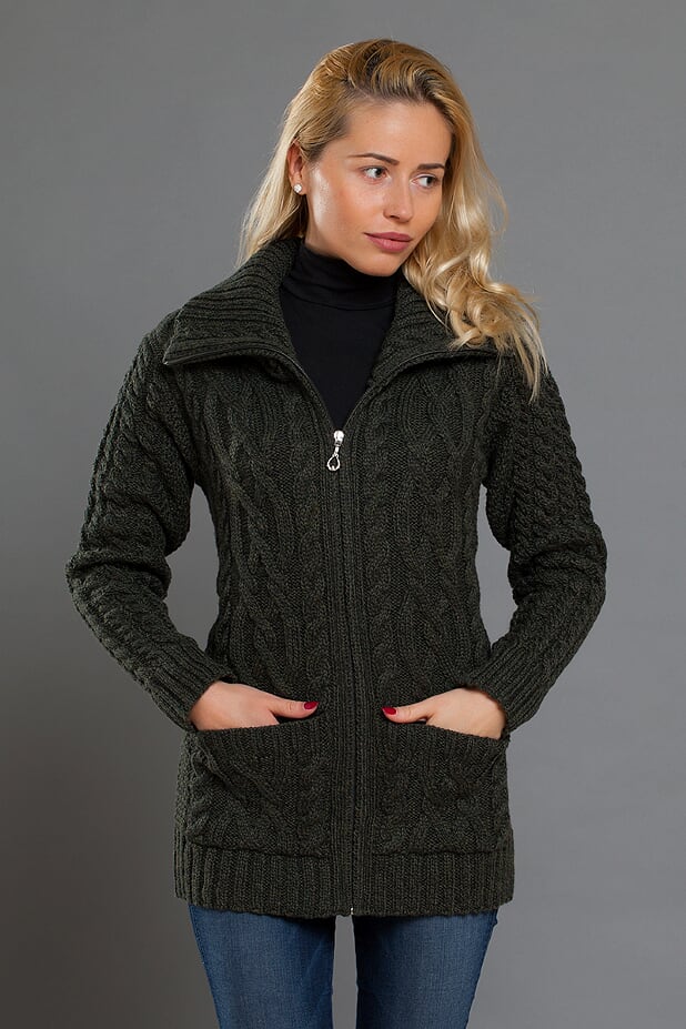 Aran Women's High Collar Full Zip Green Cardigan jd01 Skellig Gift Store