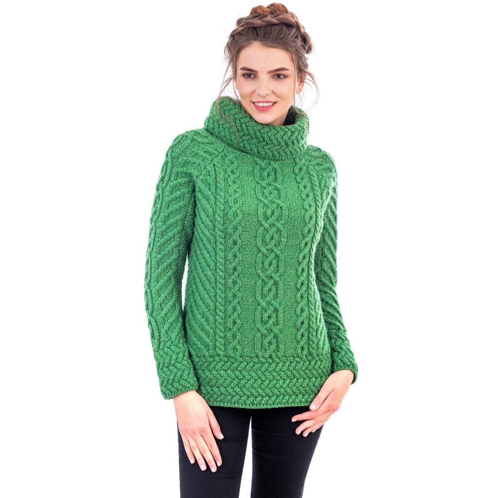 Ladies Green Cowl Neck Aran Sweater Skellig Gift Store Ireland